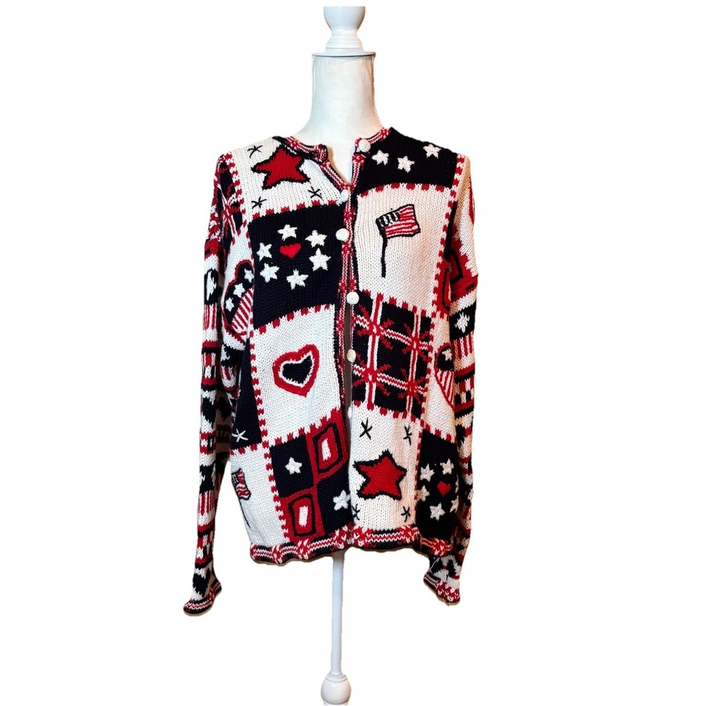 Vintage Carolina Colours Patriotic Knit Cardigan Sweater USA Flag Heart‎ Large
